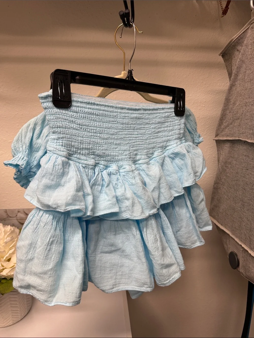 Bliss + Ease Kids Sky Blue Smocked Skirt & Puff-Sleeve Crop Set